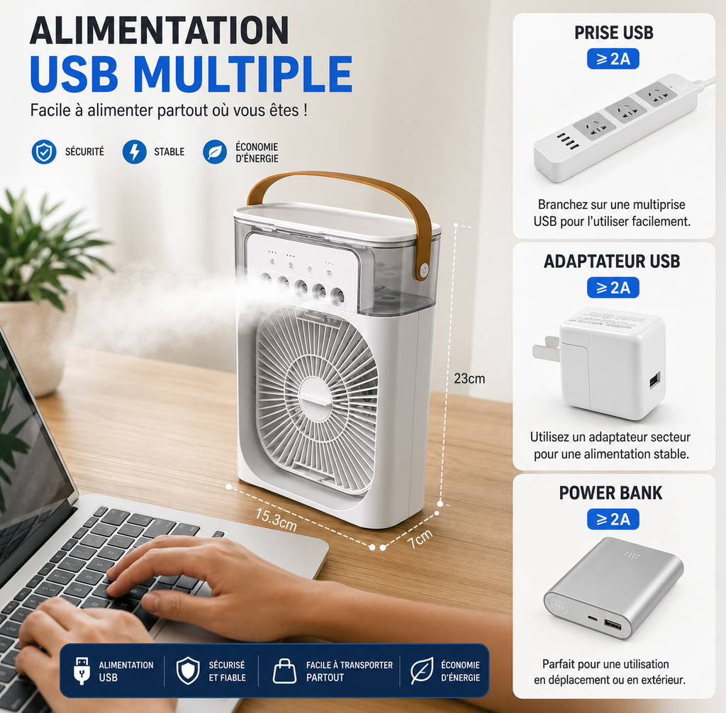 Ventilateur Climatiseur Portable USB 5 Buses Nano – Brume Rafraîchissante & 3 Vitesses