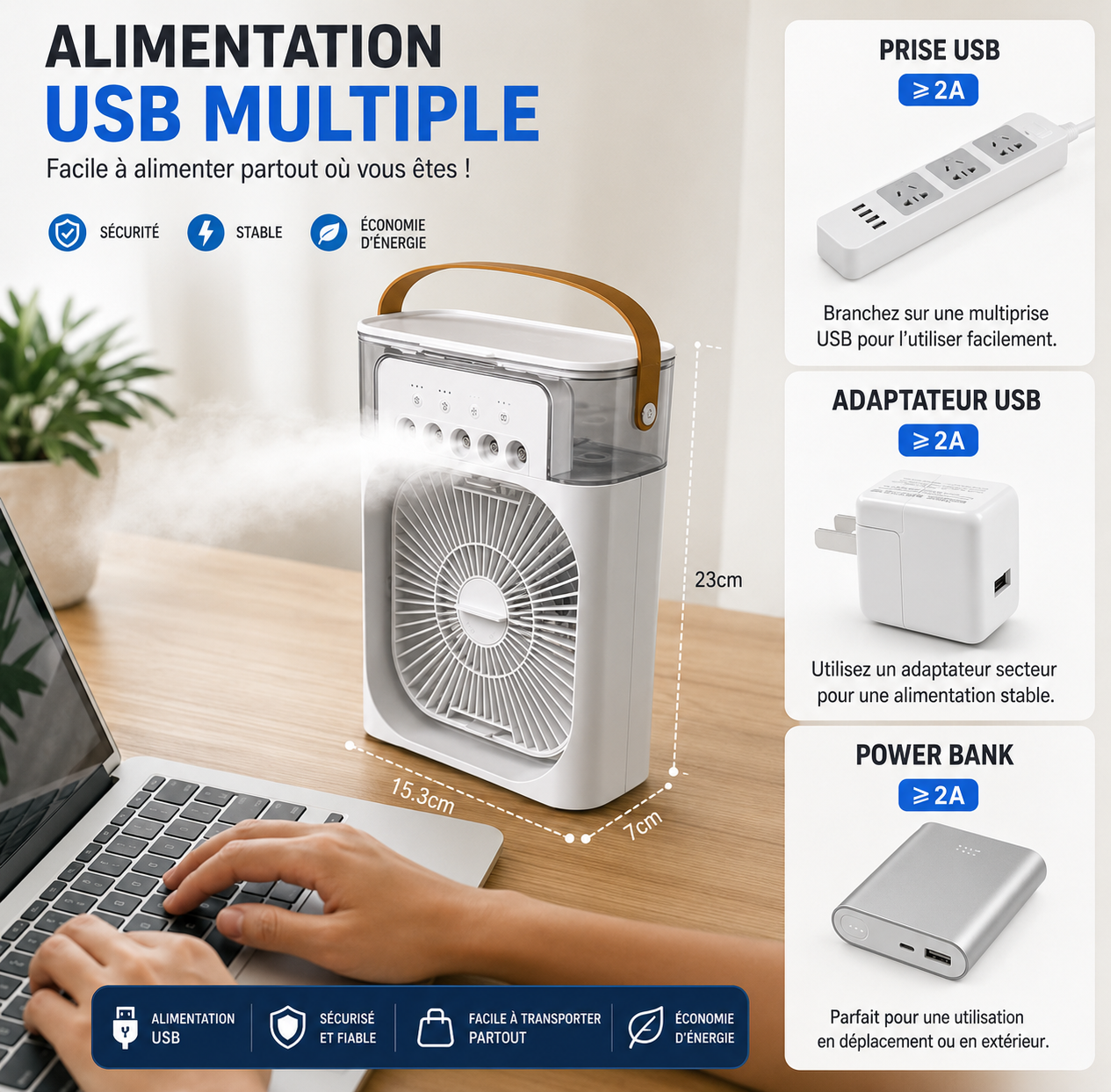 Ventilateur Climatiseur Portable USB 5 Buses Nano – Brume Rafraîchissante & 3 Vitesses