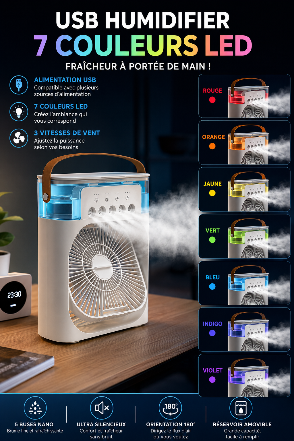 Ventilateur Climatiseur Portable USB 5 Buses Nano – Brume Rafraîchissante & 3 Vitesses